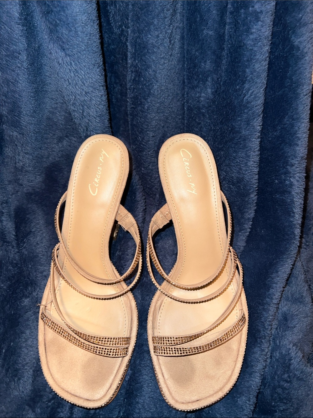 Circus by Sam Edelman Beige Strappy Slide Mules with Rhinestone Trim